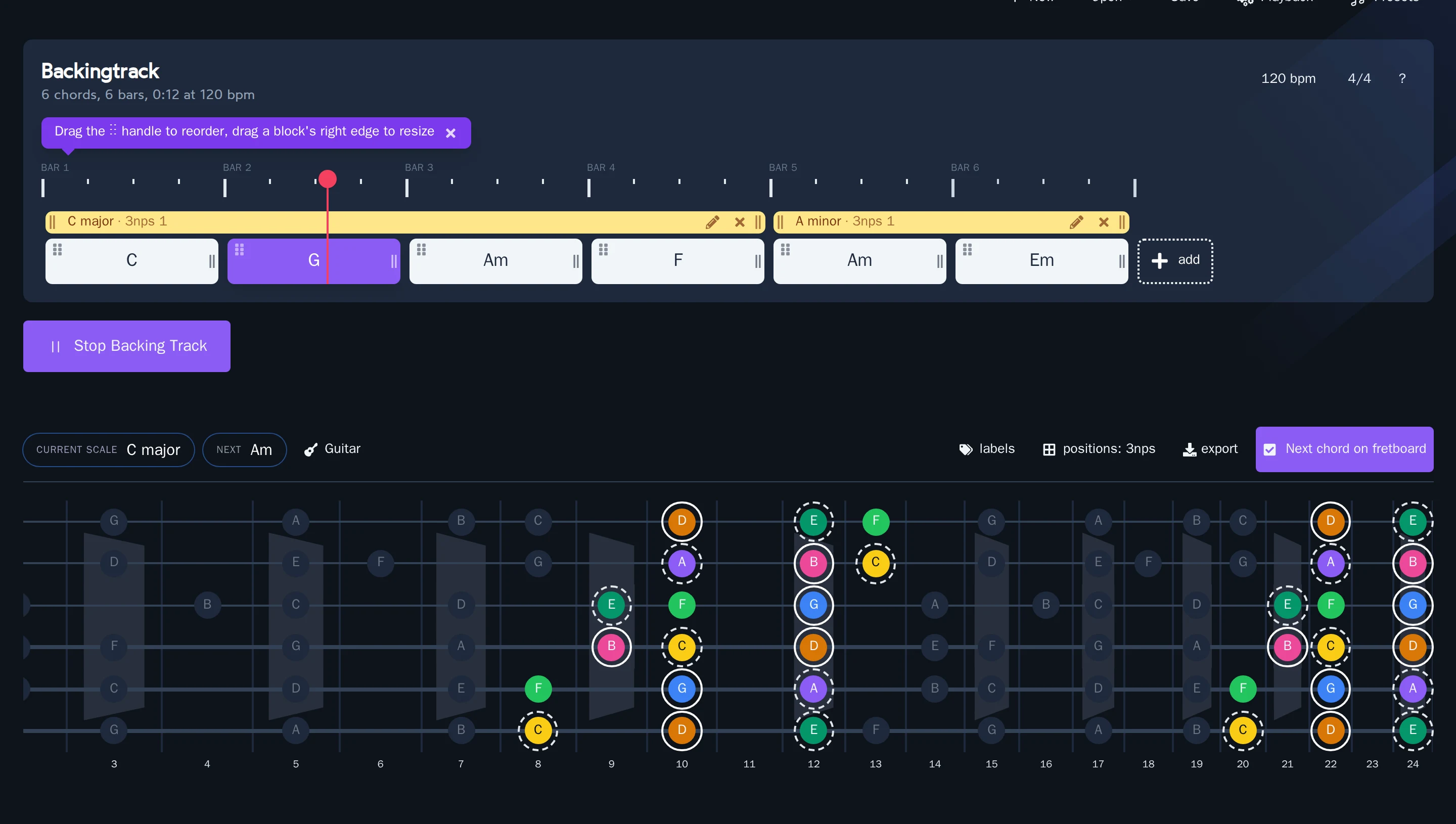 StringScales backing track editor mid-playback: the chord progression with scale annotations above the fretboard following along